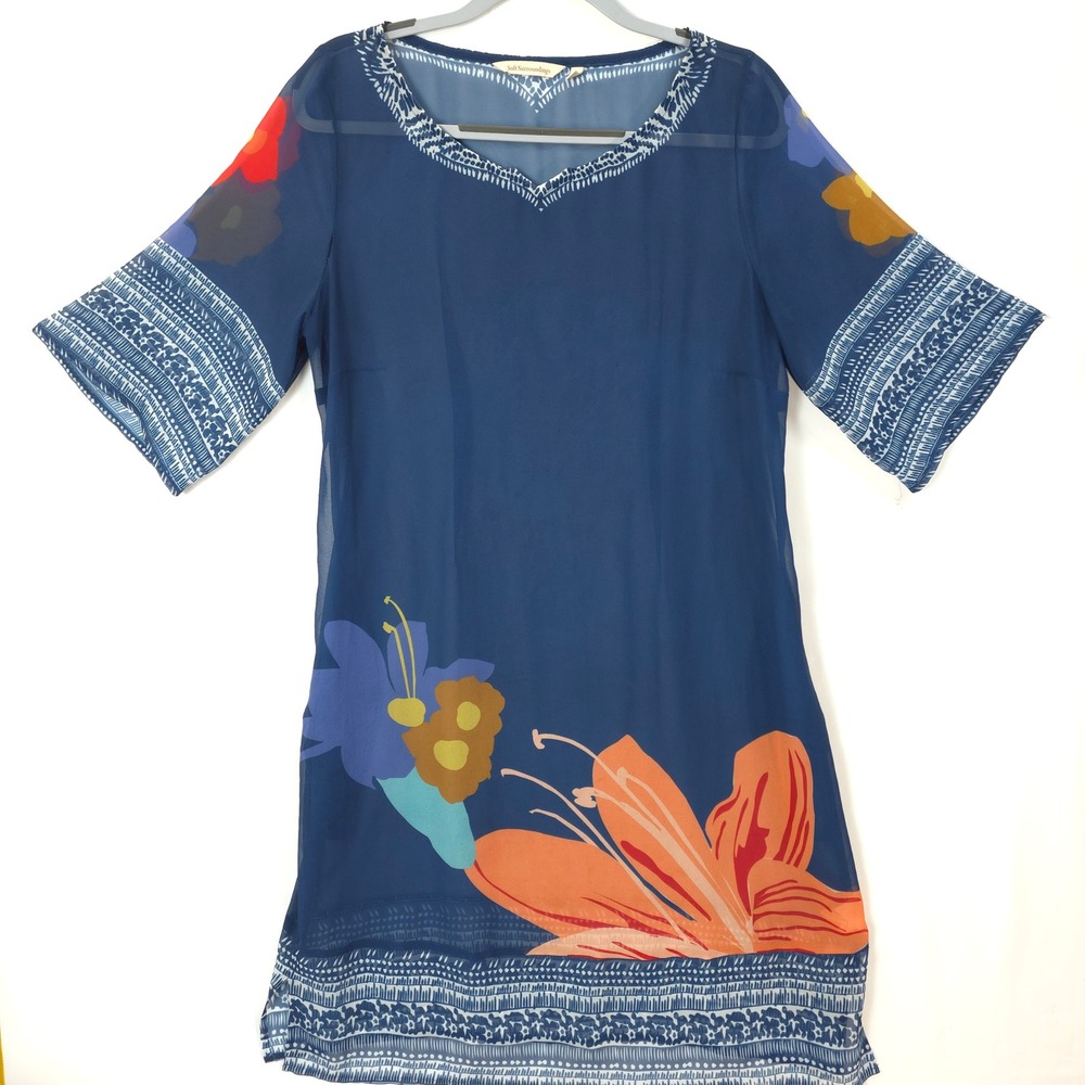 Soft Surroundings Sheer Dress Women M Floral Hibiscus Pockets Blue Boho Beachy